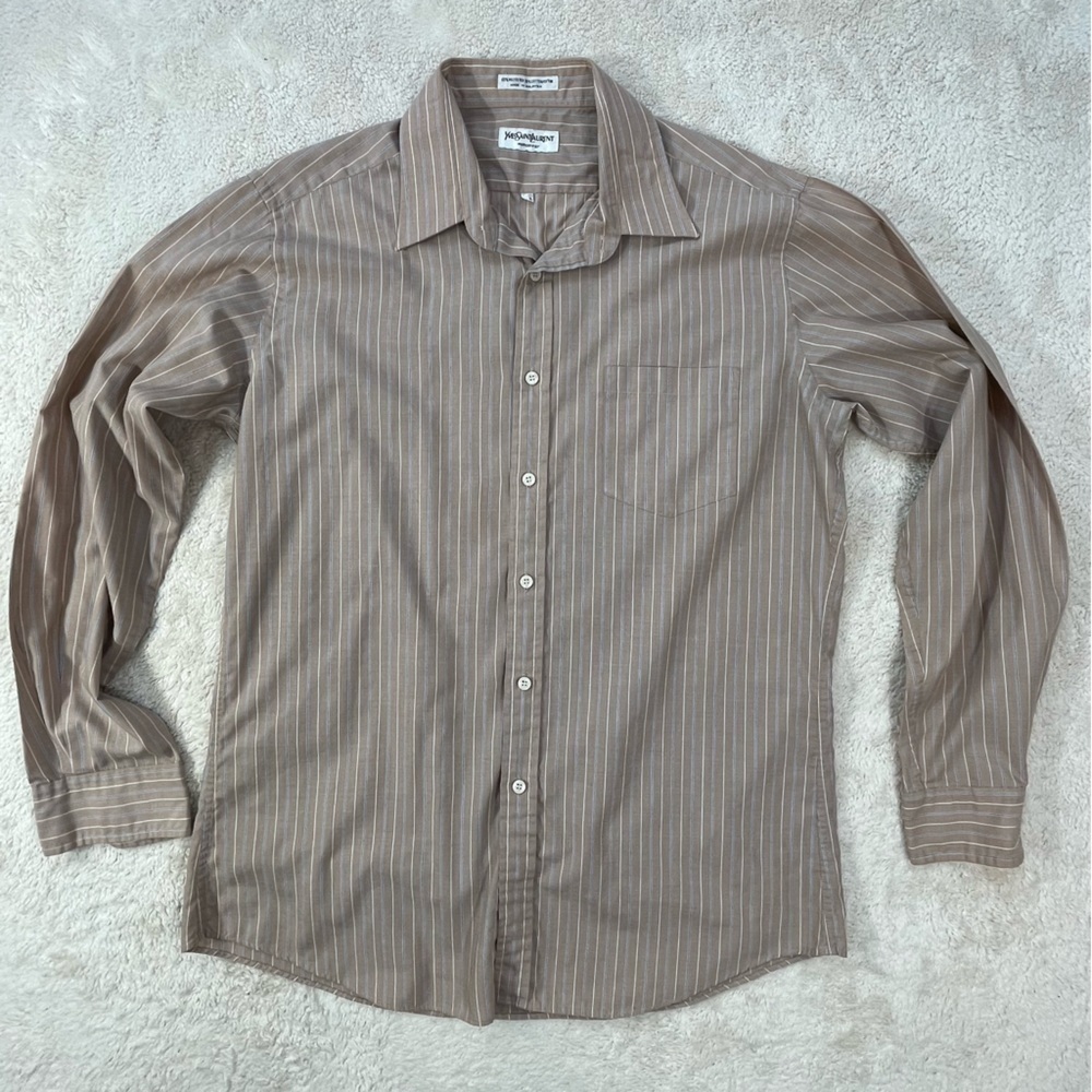 Yves Saint Laurent Button Down Long Sleeve Tan/White Striped Shirt Size 16.5